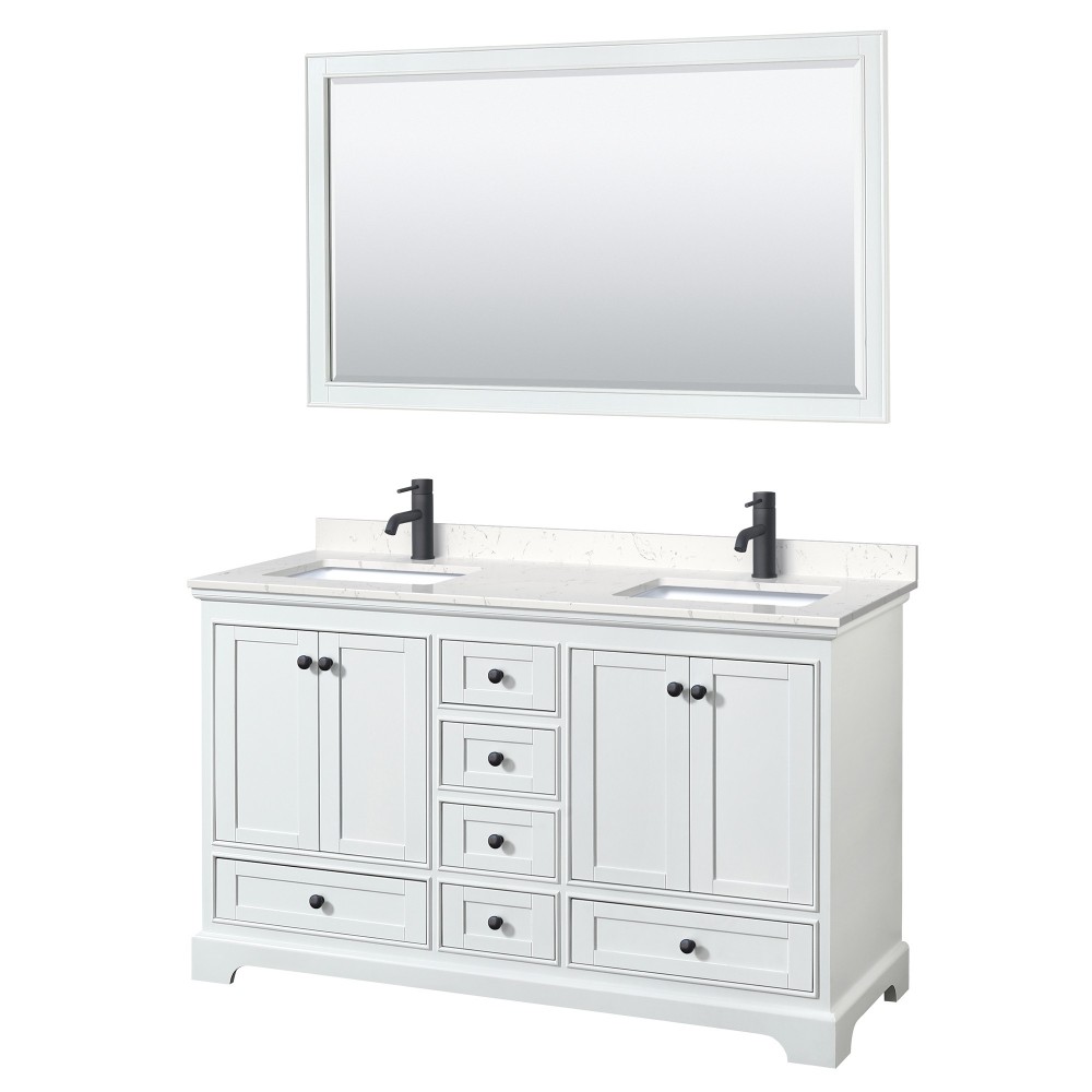 Deborah 60" Double Vanity in White, Carrara Marble Top, Black Trim, 58" Mirror