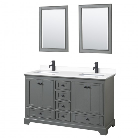 Deborah 60" Dark Gray Double Vanity, White Marble Top, Black Trim, 24" Mirrors