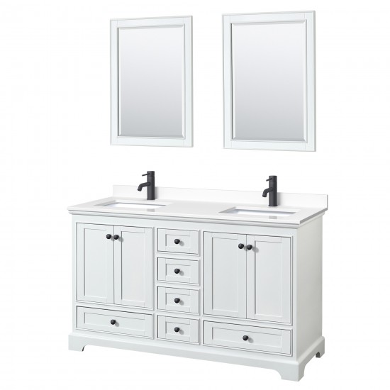 Deborah 60" Double Vanity in White, White Marble Top, Black Trim, 24" Mirrors