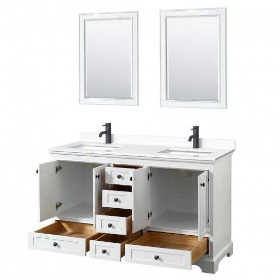 Deborah 60" Double Vanity in White, White Marble Top, Black Trim, 24" Mirrors