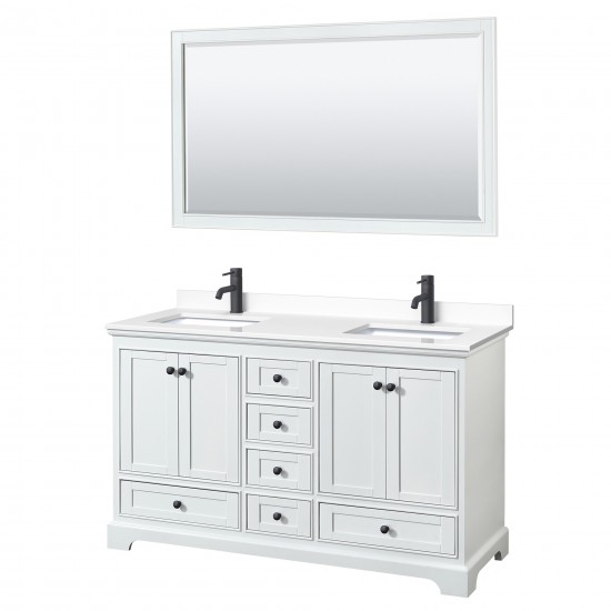 Deborah 60" Double Vanity in White, White Marble Top, Black Trim, 58" Mirror