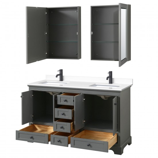 Deborah 60" Gray Double Vanity, White Marble Top, Black Trim, Medicine Cabinets