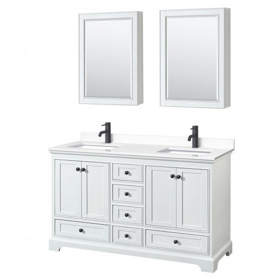 Deborah 60" White Double Vanity, White Marble Top, Black Trim, Medicine Cabinets