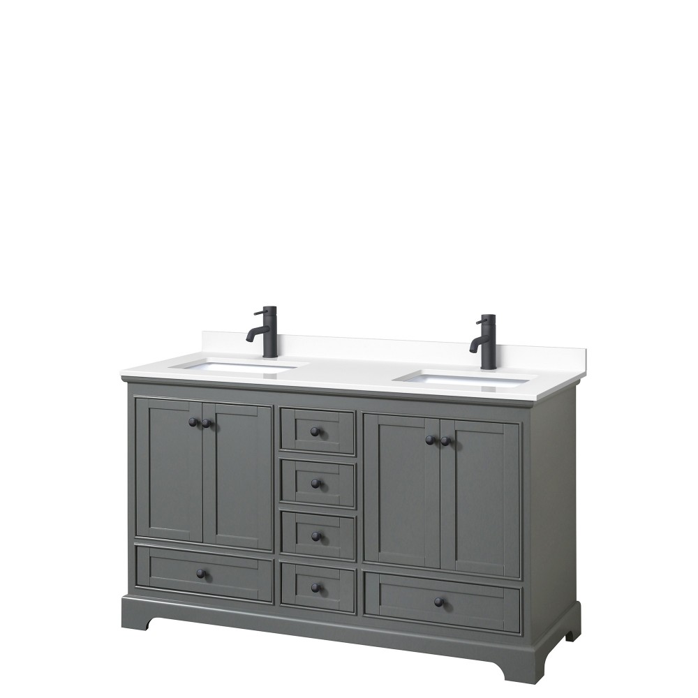 Deborah 60" Double Vanity in Dark Gray, White Cultured Marble Top, Black Trim