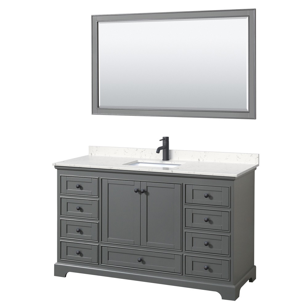 Deborah 60" Dark Gray Single Vanity, Carrara Marble Top, Black Trim, 58" Mirror