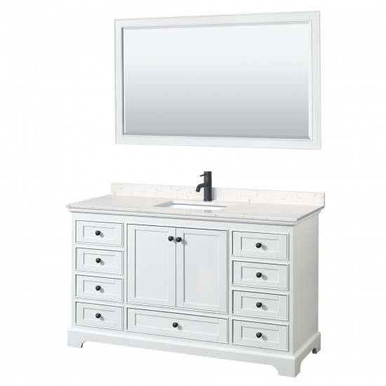 Deborah 60" Single Vanity in White, Carrara Marble Top, Black Trim, 58" Mirror