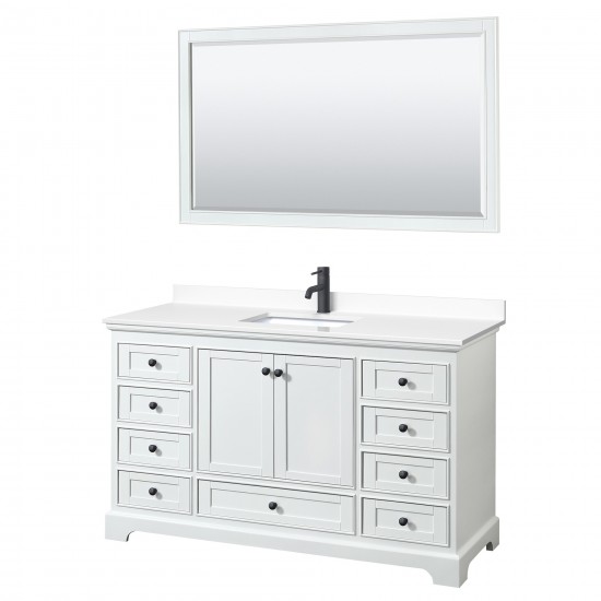 Deborah 60" Single Vanity in White, White Marble Top, Black Trim, 58" Mirror