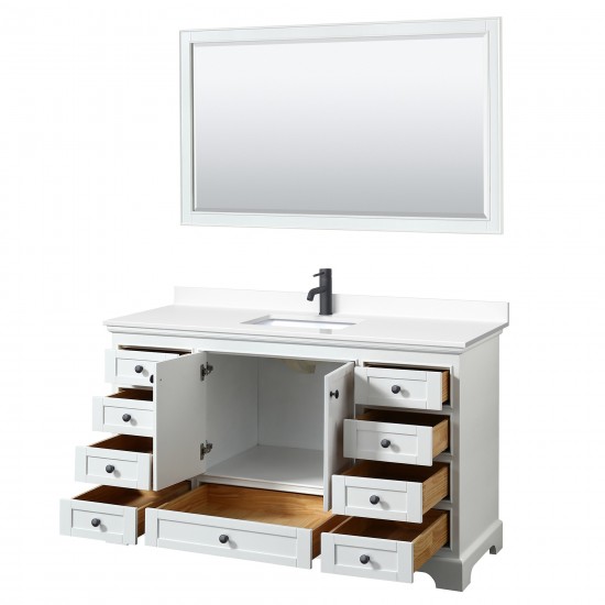 Deborah 60" Single Vanity in White, White Marble Top, Black Trim, 58" Mirror