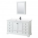 Deborah 60" White Single Vanity, White Marble Top, Black Trim, Medicine Cabinet