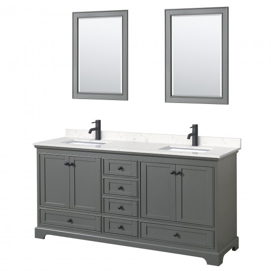 Deborah 72" Dark Gray Double Vanity, Carrara Marble Top, Black Trim, 24" Mirrors