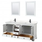 Deborah 72" Double Vanity in White, Carrara Marble Top, Black Trim, 24" Mirrors