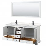 Deborah 72" Double Vanity in White, Carrara Marble Top, Black Trim, 70" Mirror