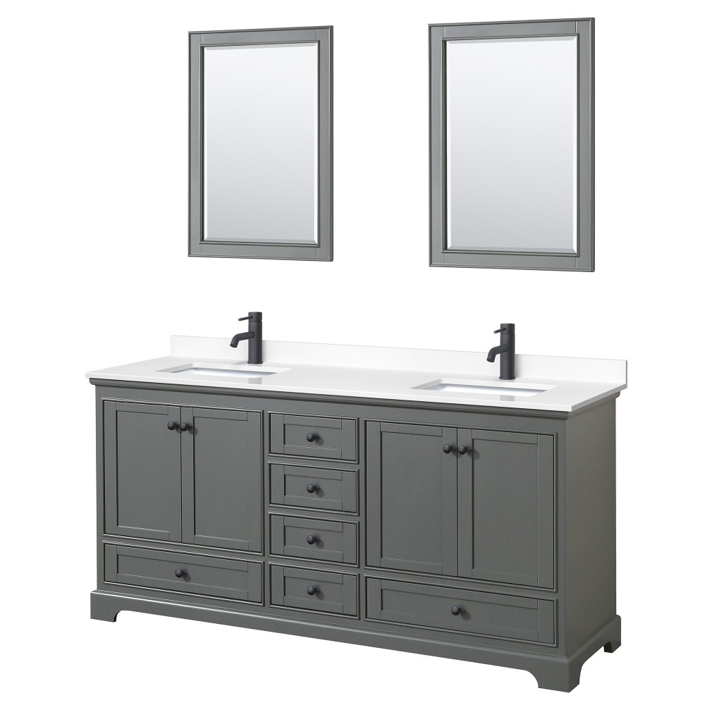 Deborah 72" Dark Gray Double Vanity, White Marble Top, Black Trim, 24" Mirrors