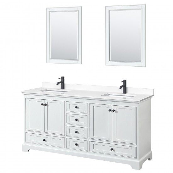 Deborah 72" Double Vanity in White, White Marble Top, Black Trim, 24" Mirrors