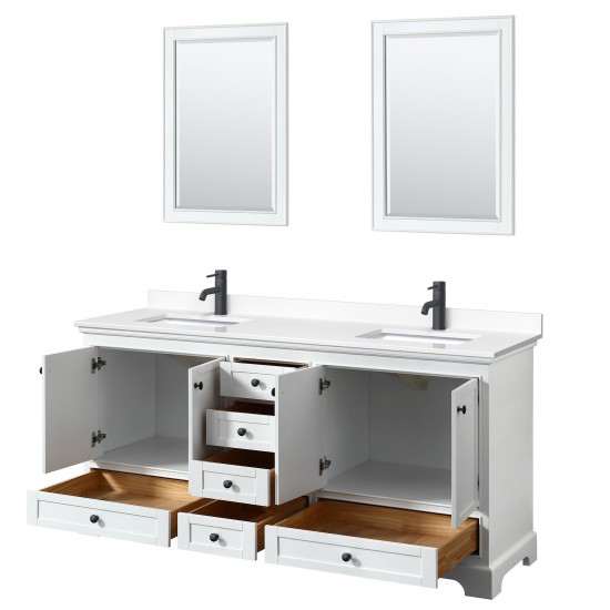 Deborah 72" Double Vanity in White, White Marble Top, Black Trim, 24" Mirrors