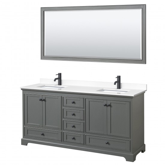 Deborah 72" Double Vanity in Dark Gray, White Marble Top, Black Trim, 70" Mirror