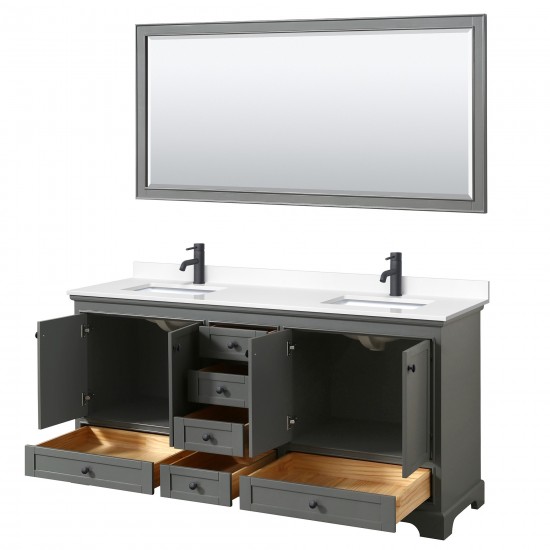 Deborah 72" Double Vanity in Dark Gray, White Marble Top, Black Trim, 70" Mirror