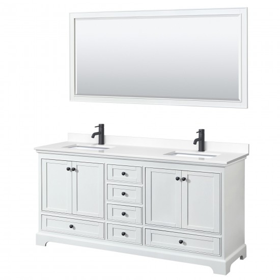 Deborah 72" Double Vanity in White, White Marble Top, Black Trim, 70" Mirror