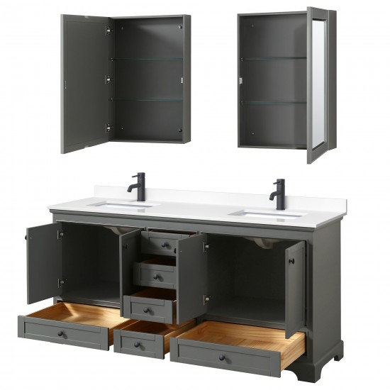 Deborah 72" Gray Double Vanity, White Marble Top, Black Trim, Medicine Cabinets