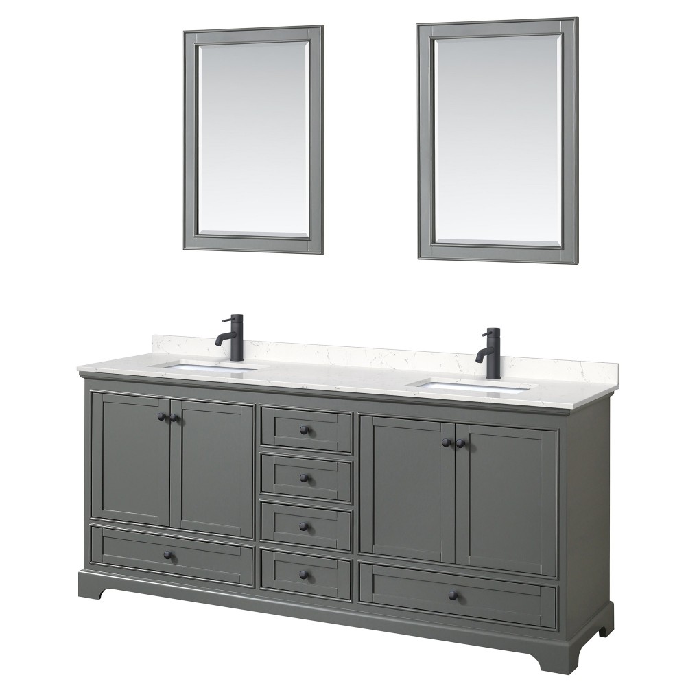 Deborah 80" Dark Gray Double Vanity, Carrara Marble Top, Black Trim, 24" Mirrors