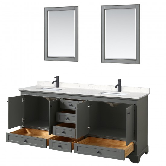 Deborah 80" Dark Gray Double Vanity, Carrara Marble Top, Black Trim, 24" Mirrors