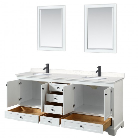 Deborah 80" Double Vanity in White, Carrara Marble Top, Black Trim, 24" Mirrors