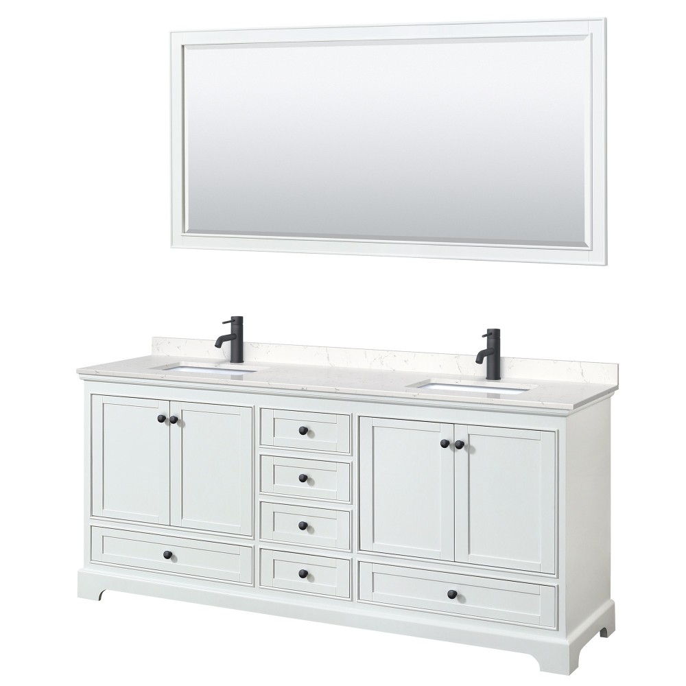 Deborah 80" Double Vanity in White, Carrara Marble Top, Black Trim, 70" Mirror