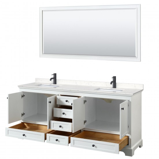 Deborah 80" Double Vanity in White, Carrara Marble Top, Black Trim, 70" Mirror