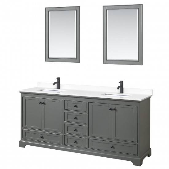 Deborah 80" Dark Gray Double Vanity, White Marble Top, Black Trim, 24" Mirrors