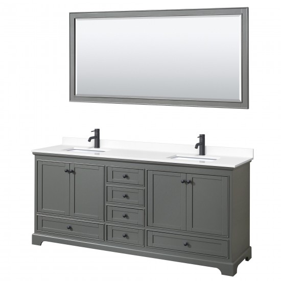 Deborah 80" Double Vanity in Dark Gray, White Marble Top, Black Trim, 70" Mirror