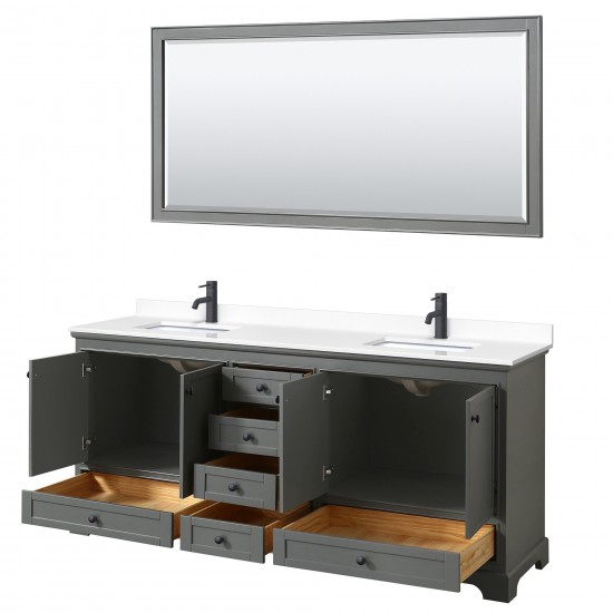 Deborah 80" Double Vanity in Dark Gray, White Marble Top, Black Trim, 70" Mirror