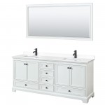 Deborah 80" Double Vanity in White, White Marble Top, Black Trim, 70" Mirror