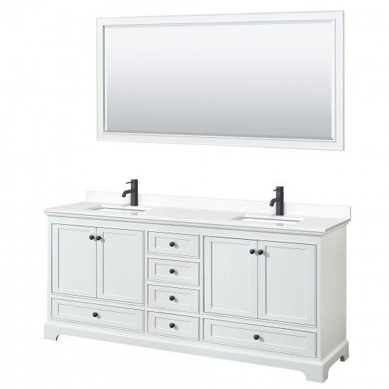 Deborah 80" Double Vanity in White, White Marble Top, Black Trim, 70" Mirror