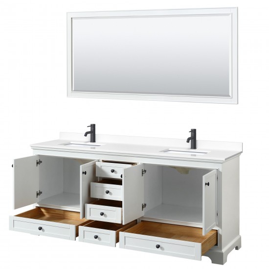 Deborah 80" Double Vanity in White, White Marble Top, Black Trim, 70" Mirror