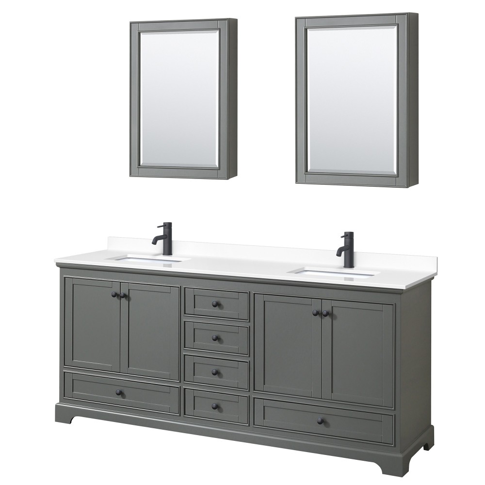Deborah 80" Gray Double Vanity, White Marble Top, Black Trim, Medicine Cabinets