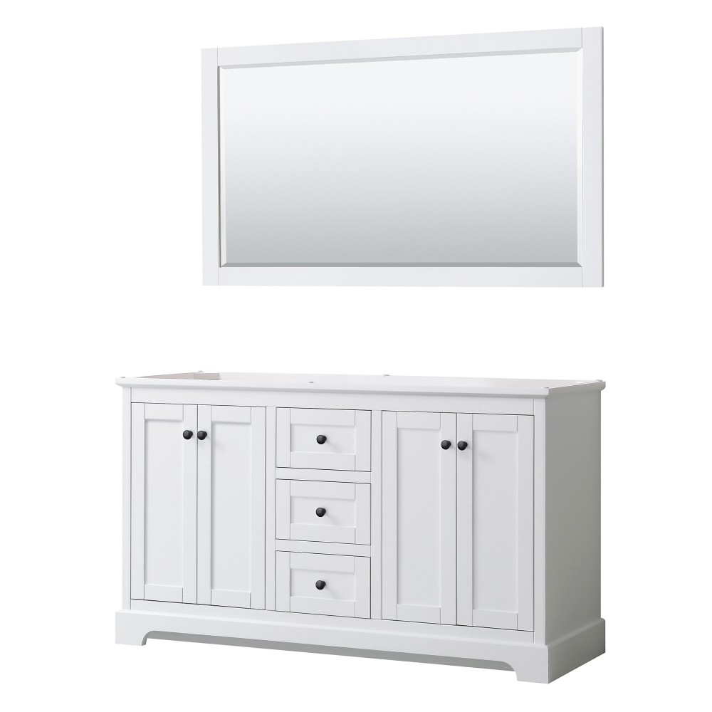 Avery 60" Double Vanity in White, No Top, No Sinks, Matte Black Trim, 58" Mirror