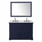 Avery 48" Double Vanity in Dark Blue, Top, Oval Matte Black Trim, 46" Mirror