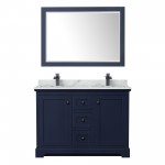 Avery 48" Double Vanity in Dark Blue, Top, Square Matte Black Trim, 46" Mirror