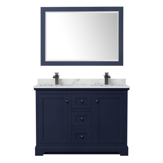 Avery 48" Double Vanity in Dark Blue, Top, Square Matte Black Trim, 46" Mirror