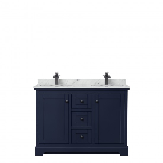 Avery 48" Double Vanity in Dark Blue, Top, Square Sinks, Matte Black Trim