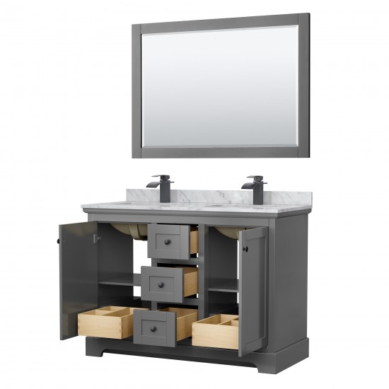 Avery 48" Double Vanity in Dark Gray, Top, Square Matte Black Trim, 46" Mirror