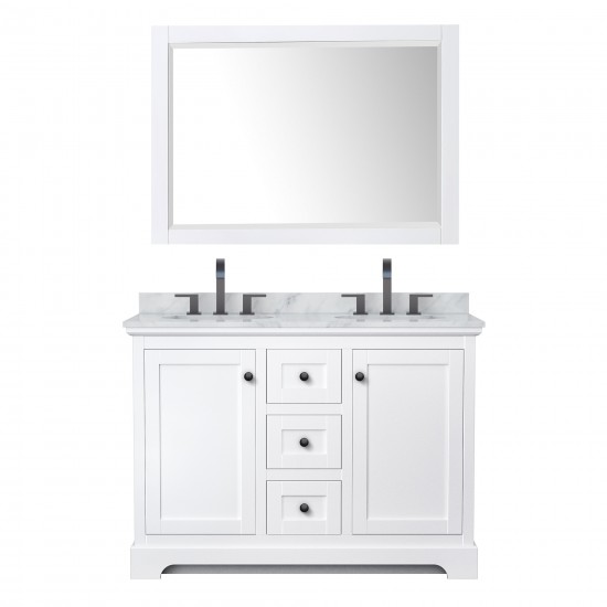 Avery 48" Double Vanity in White, Top, Oval Sinks, Matte Black Trim, 46" Mirror