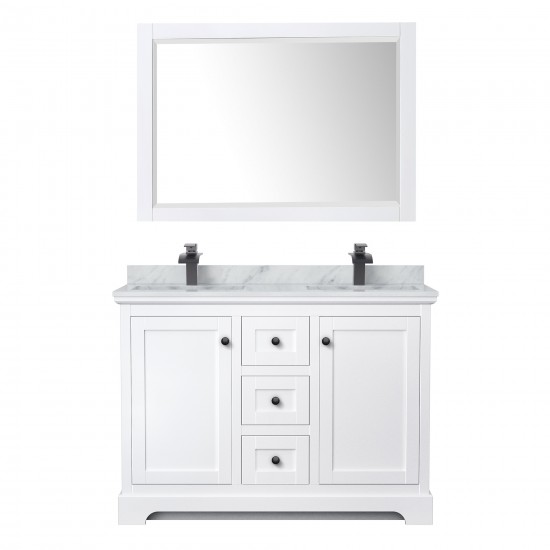 Avery 48" Double Vanity in White, Top, Square Matte Black Trim, 46" Mirror