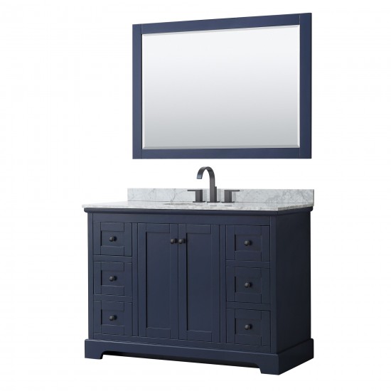 Avery 48" Single Vanity in Dark Blue, Top, Oval Matte Black Trim, 46" Mirror