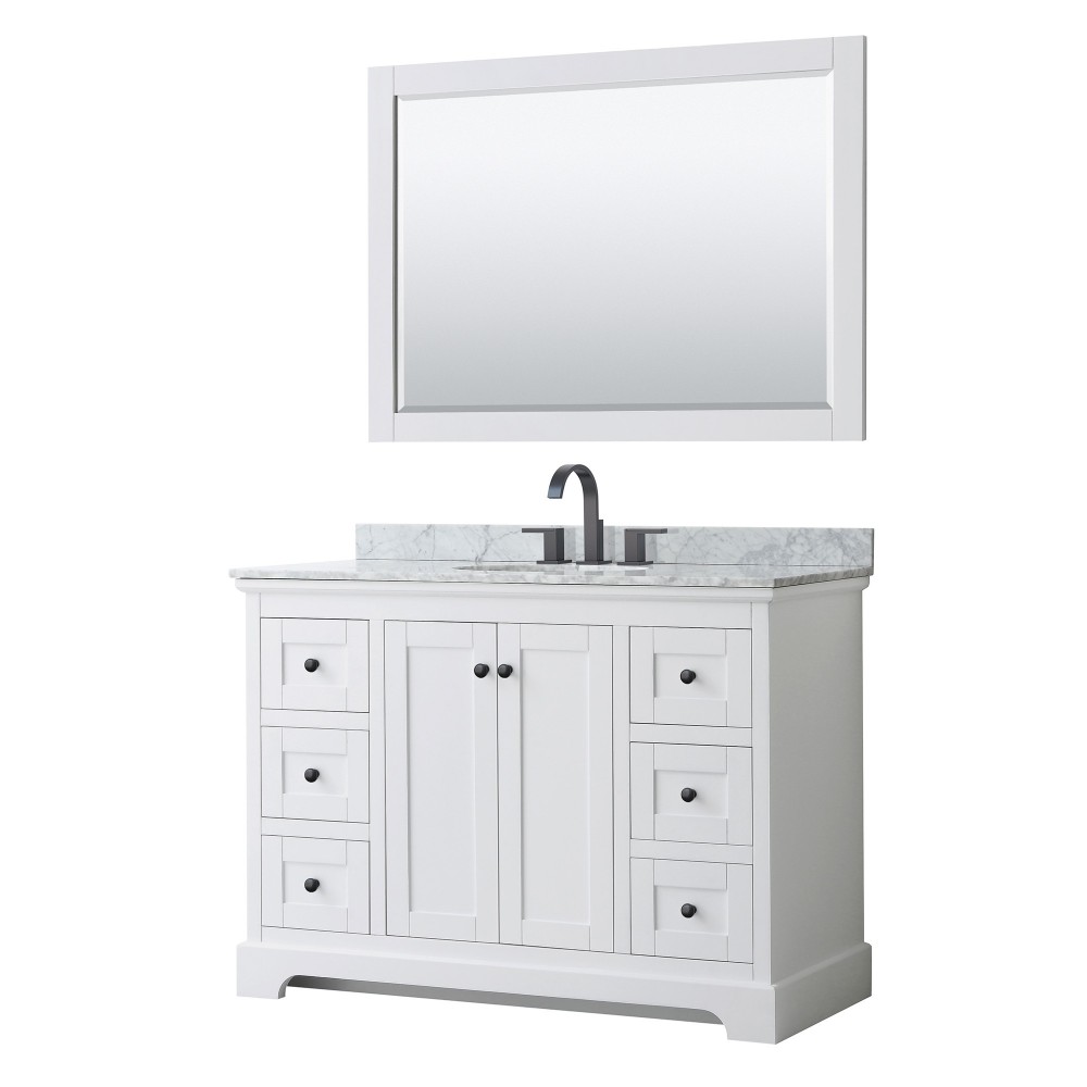 Avery 48" Single Vanity in White, Top, Oval Sink, Matte Black Trim, 46" Mirror