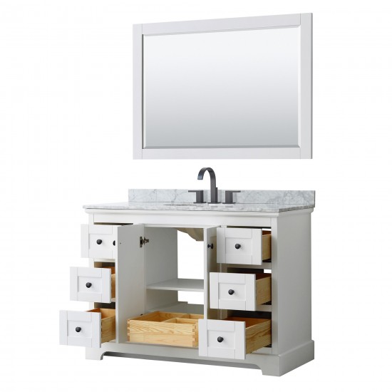 Avery 48" Single Vanity in White, Top, Oval Sink, Matte Black Trim, 46" Mirror