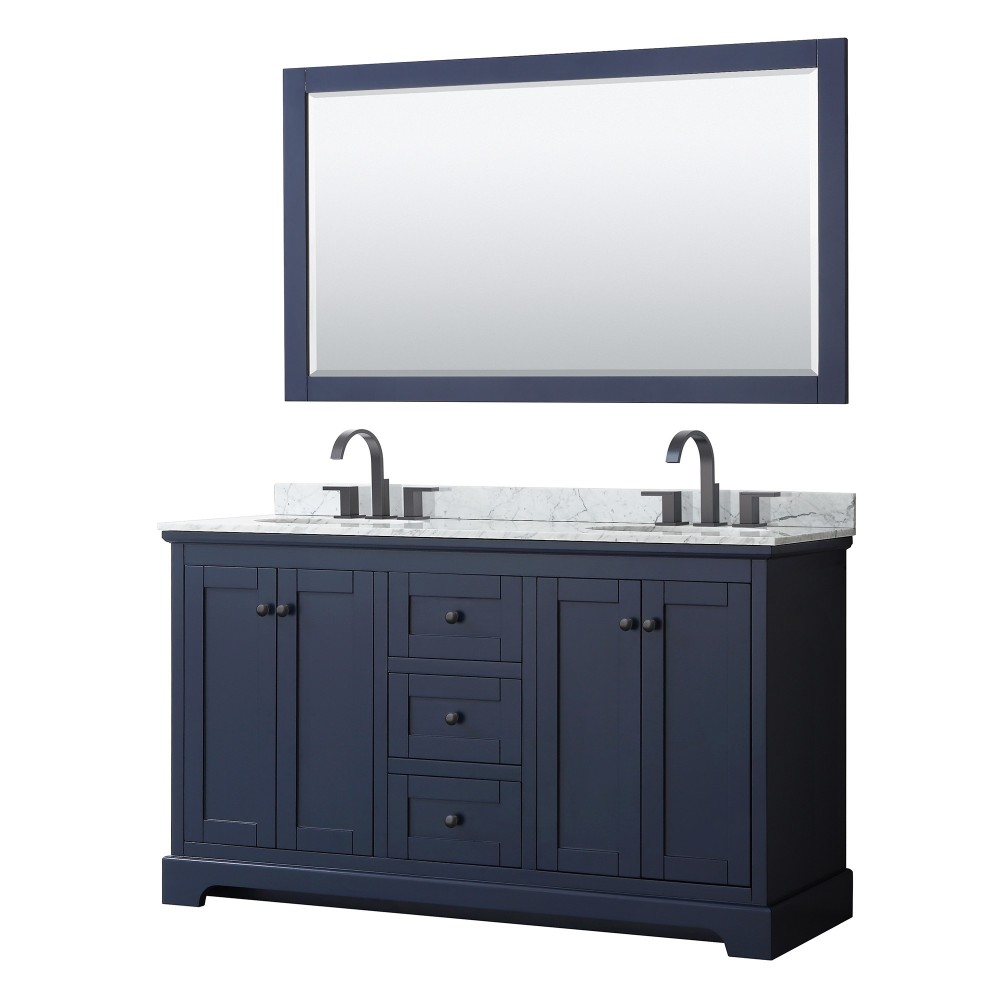 Avery 60" Double Vanity in Dark Blue, Top, Oval Matte Black Trim, 58" Mirror