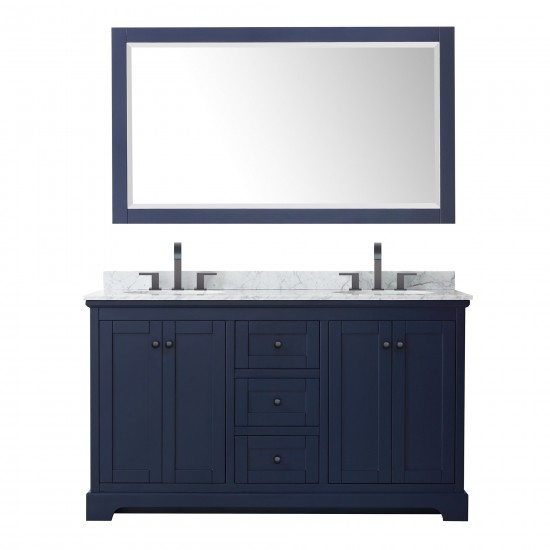 Avery 60" Double Vanity in Dark Blue, Top, Oval Matte Black Trim, 58" Mirror