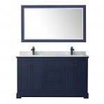 Avery 60" Double Vanity in Dark Blue, Top, Square Matte Black Trim, 58" Mirror