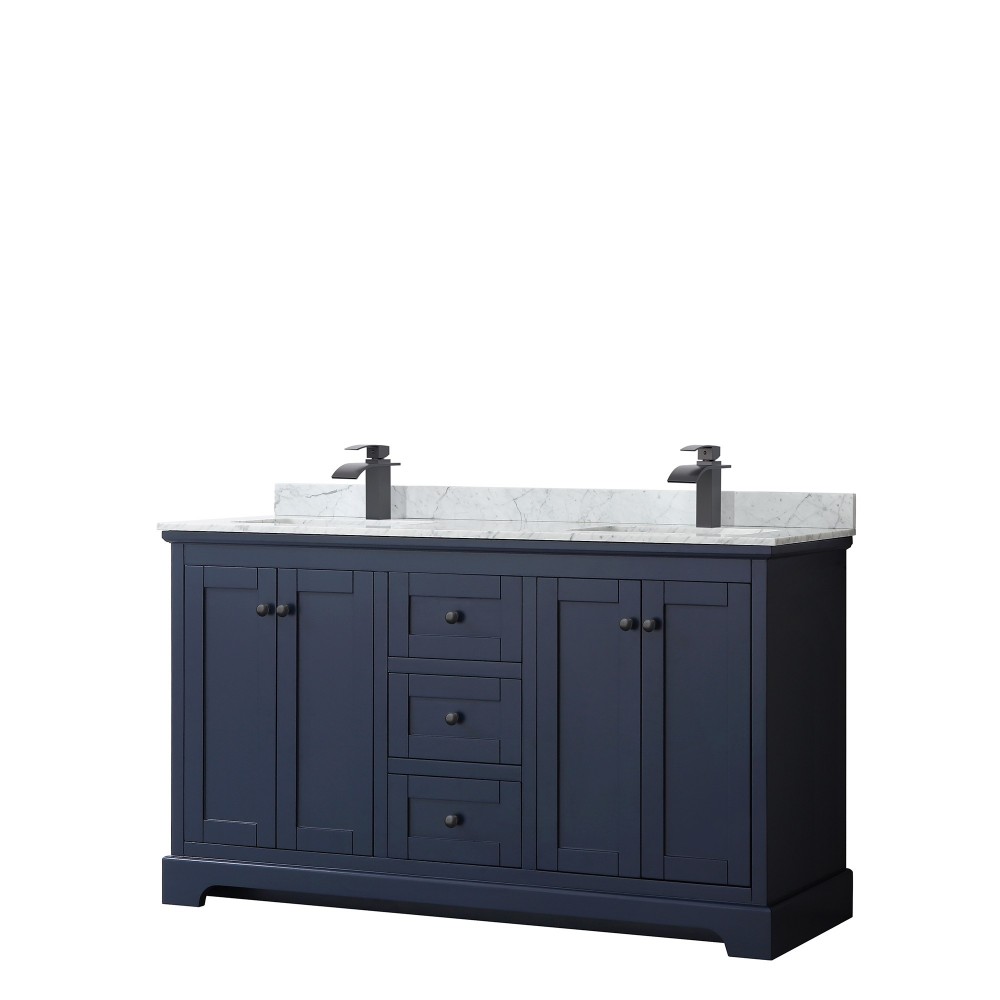 Avery 60" Double Vanity in Dark Blue, Top, Square Sinks, Matte Black Trim